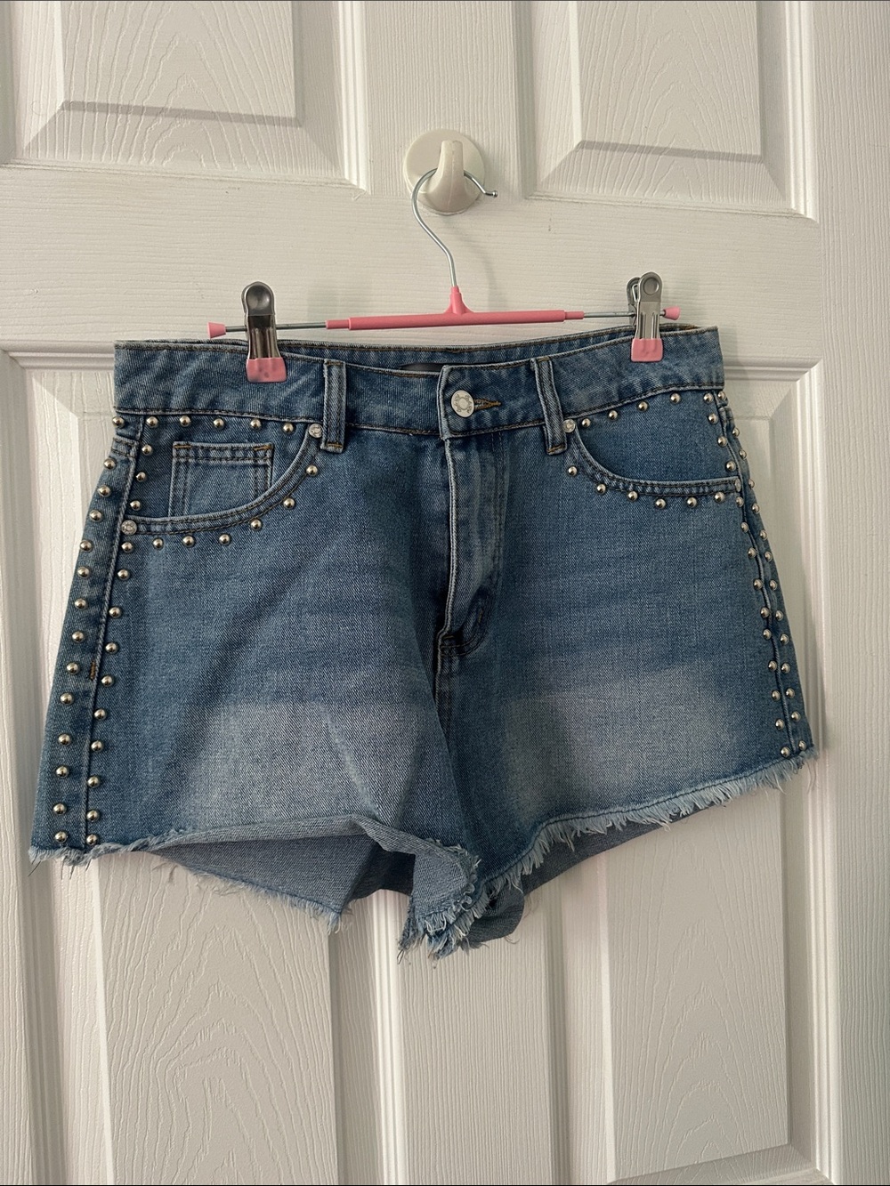 Studded High-Rise Denim Shorts — Blue